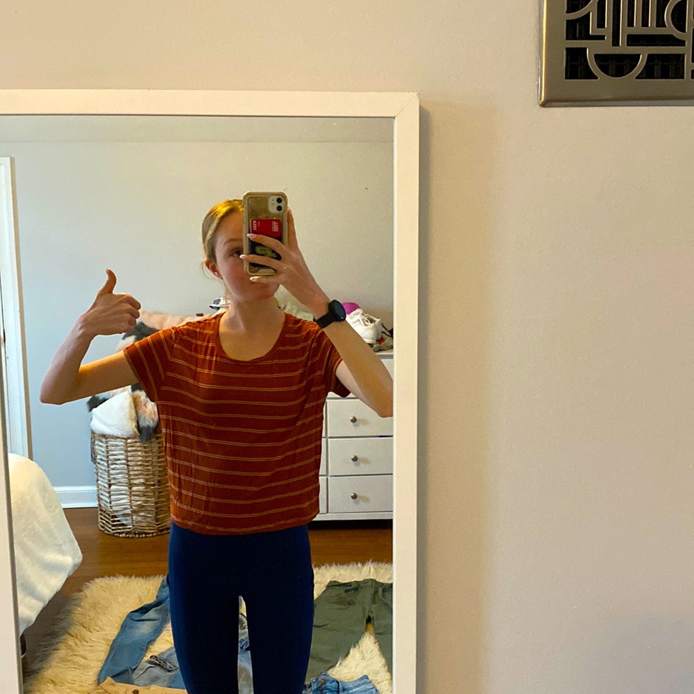 Cotton on kids large, burnt orange and white striped t shirt